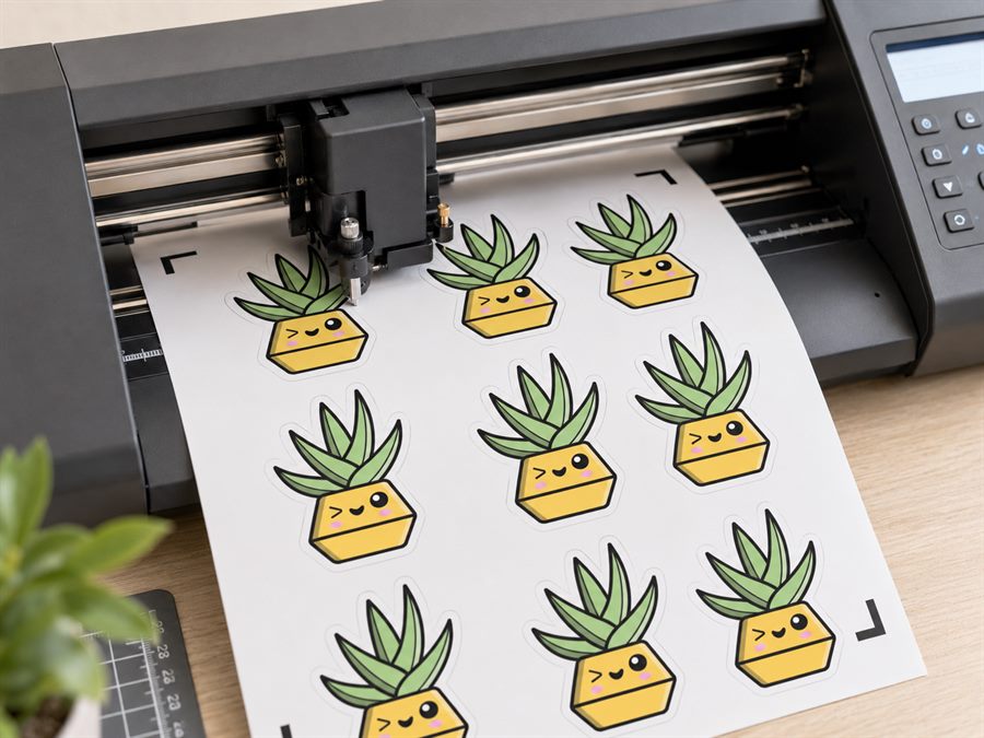 Vinyl cutter running a sticker cut on shimmering material