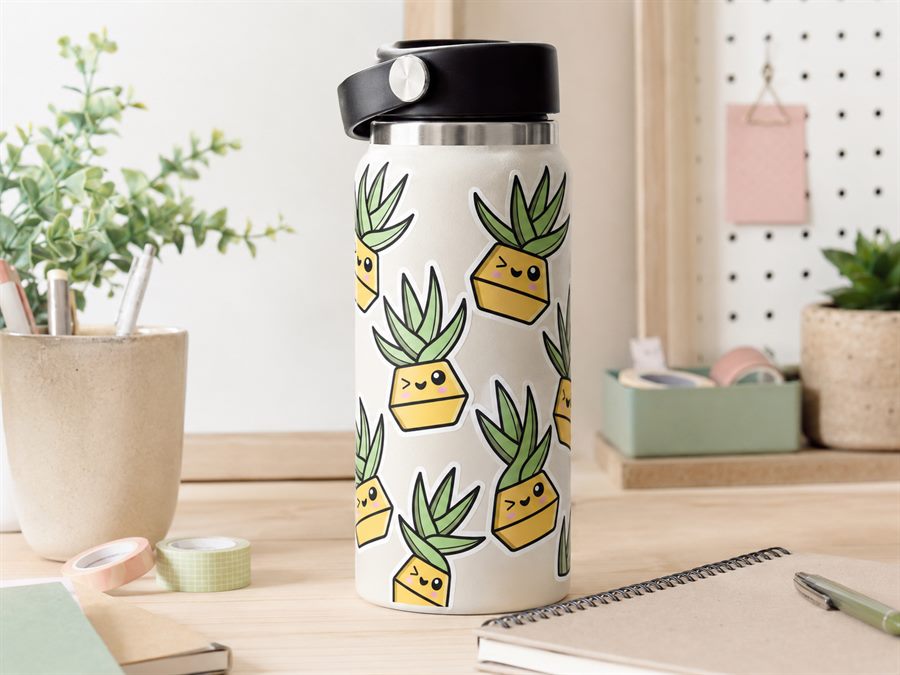 Finished die-cut stickers applied to a water bottle