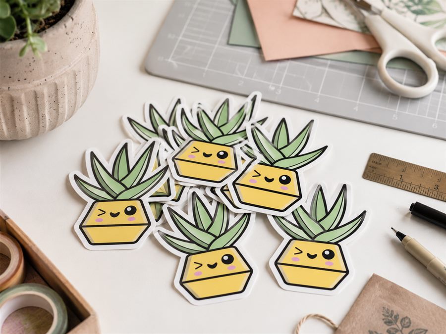 Finished die-cut stickers ready for Etsy dispatch